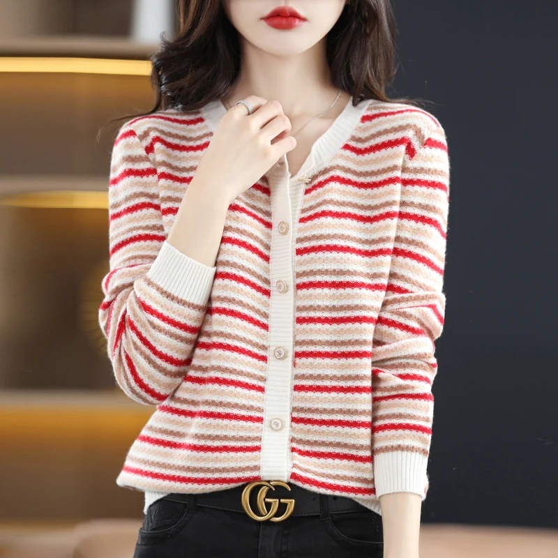 

100 pure wool cardigan ladies spring and autumn new loose striped sweet wind round neck coat color matching coat