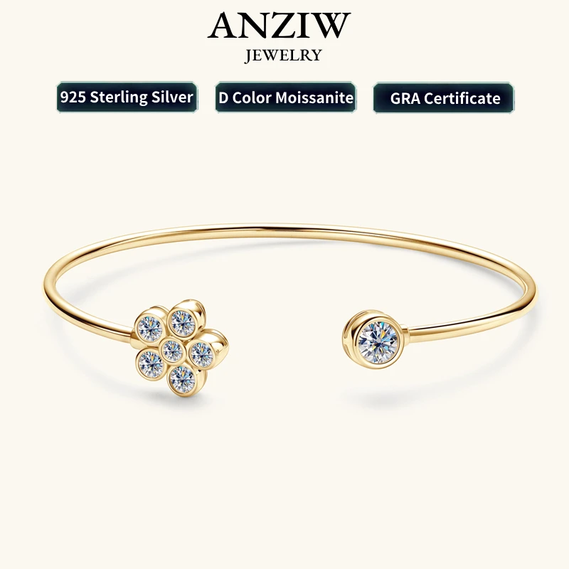 

Anziw Flower Bezel Moissanite Bangle Cuff 18k Gold Plated 925 Silver for Women Opening Bracelet Certificate Charm Jewelry Gifts