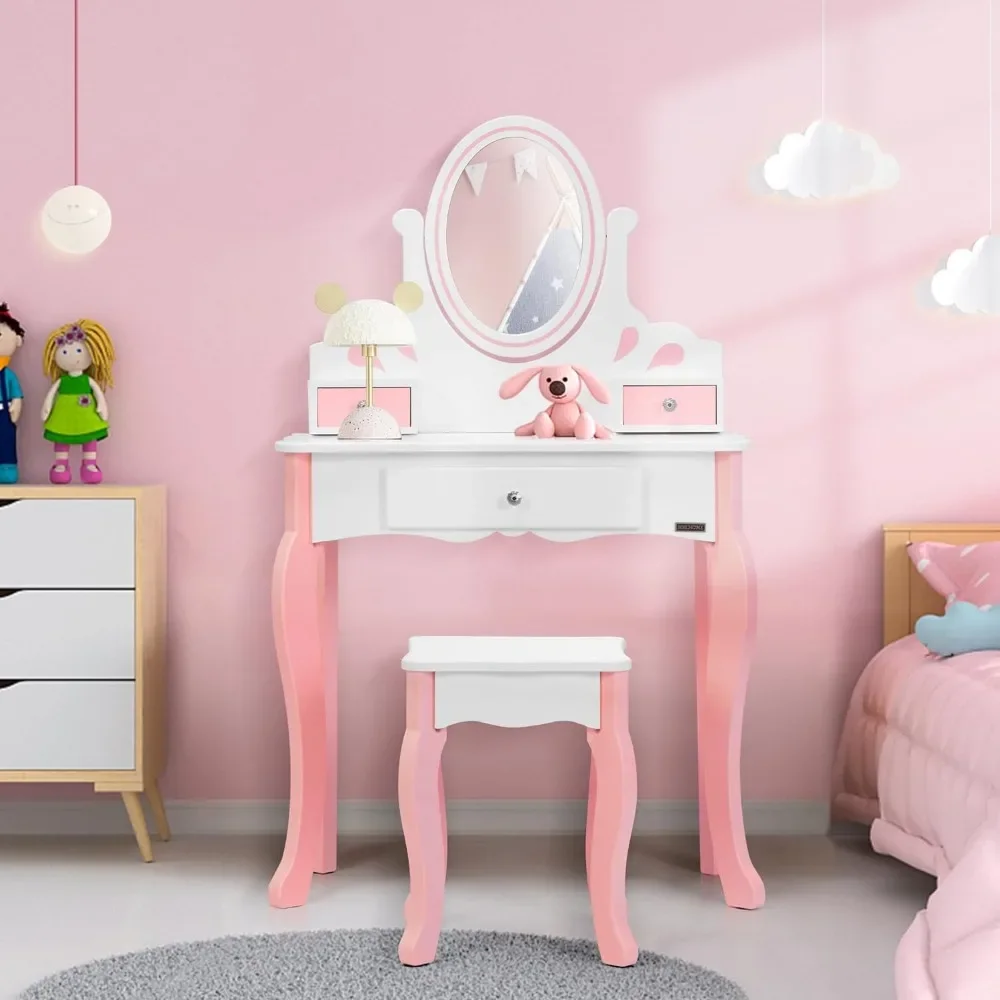 

Детский туалетный столик, макияжный столик принцессы из МДФ с вращающимся на 360 ° зеркалом и ящиками для девочек, белый