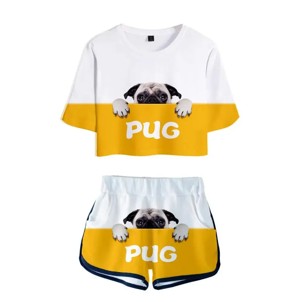 

Summer 3D Pug Exposed Navel T-shirt+Shorts Women's Two-piece Sets Fashion Animal Dog Casual Girl's Yellow+White Two-piece Sets