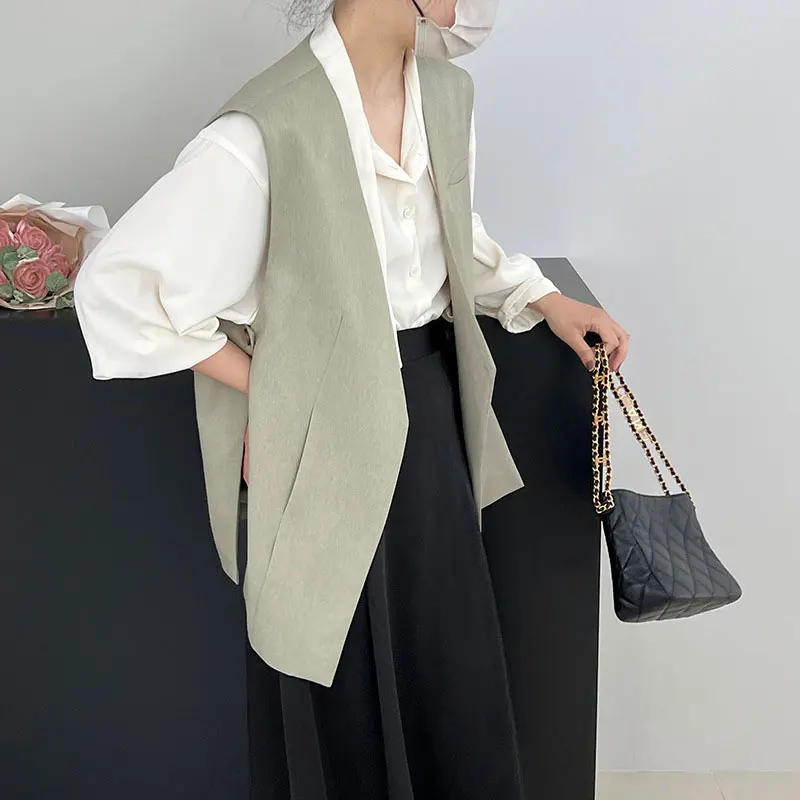 

Women's Suit Vest Office Ladies Solid V Neck Side Split Open Stitch Waistcoat 2023 Spring New Fashion Stylelish Femal Coletes