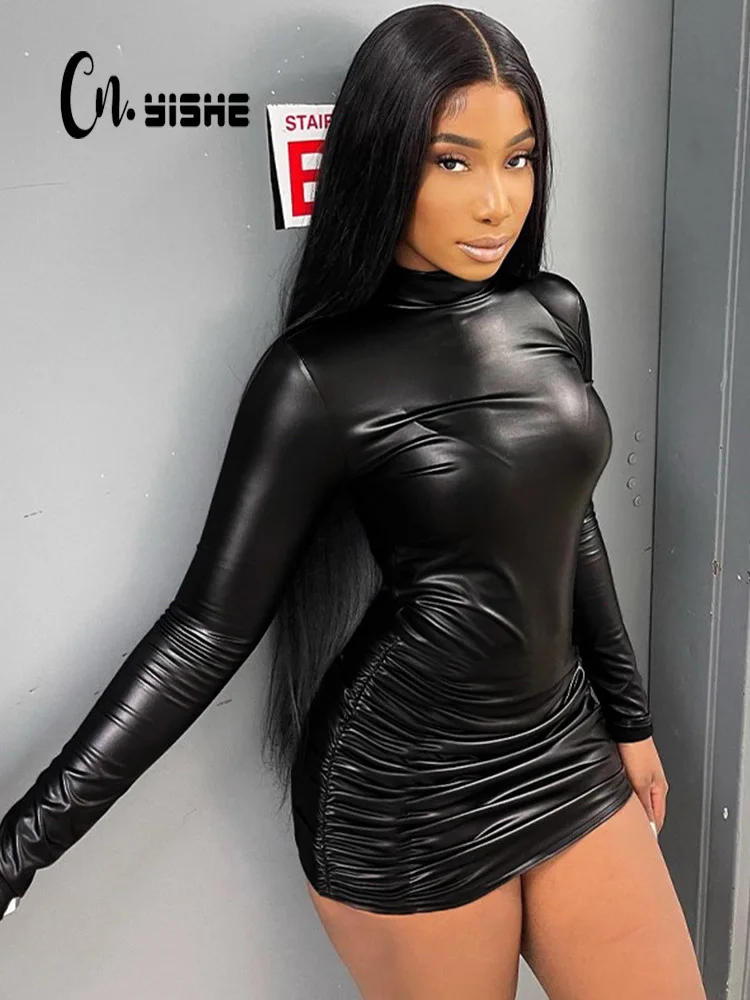 

CNYISHE Streetwear Sexy Slim PU Leather Bodycon Dress for Women 2023 Spring Casual Going Out Dresses Woman Party Clubwear Robes