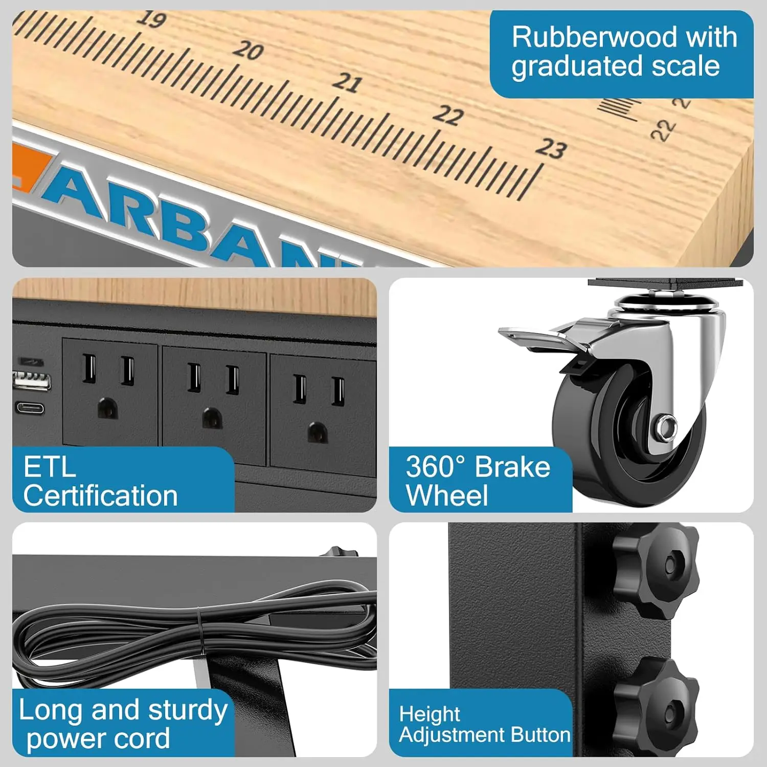 48" Heavy-Duty Adjustable Workbench with Brake Wheels,Hardwood Worktable Weight Capacity Over 2000 Lbs,Rubber Wood Workbench