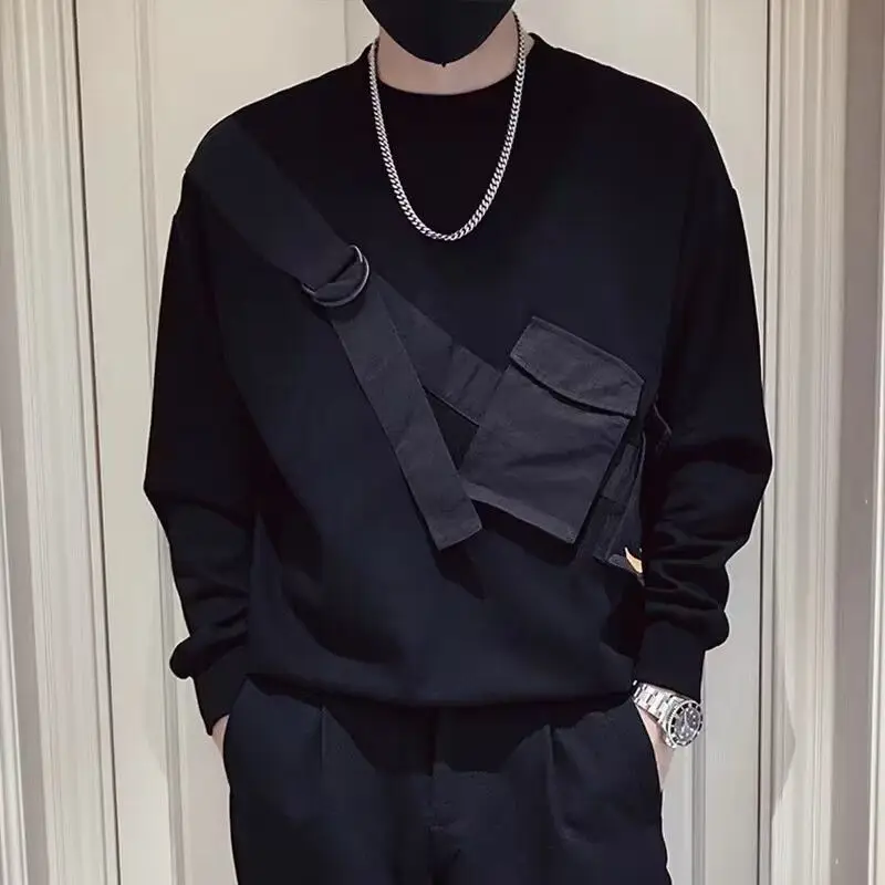 

Male Clothes Black Hoodieless Sweatshirt for Men Crewneck Splicing Pullover Top Round Neck Cheap Overfit Free Shipping Low Price