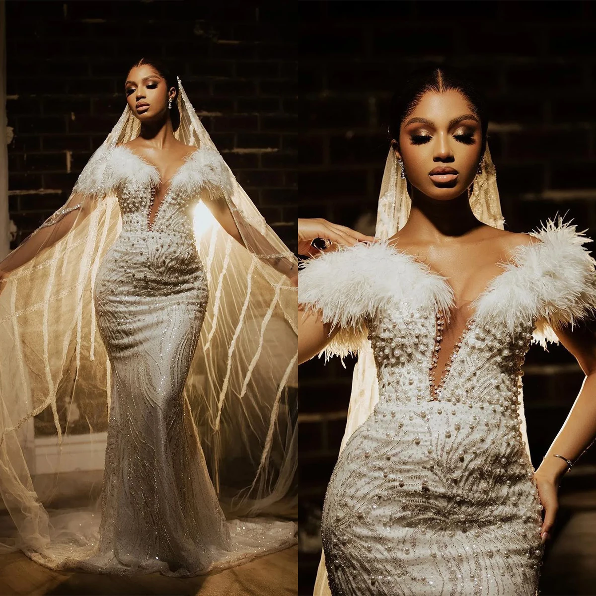

Роскошные свадебные платья-русалки для женщин, женское платье с перьями, юбка с открытыми плечами и съемным шлейфом