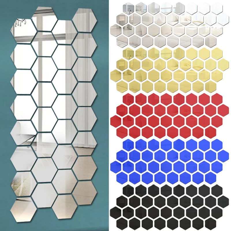 3D Stickers 3D Wall Stickers 3D Mirror Wall Stickers Acrylic Self Adhesive Hexagon Mirror Sticker Mosaic Art Wall Decals Tiles DIY Bedroom Living Room Decor