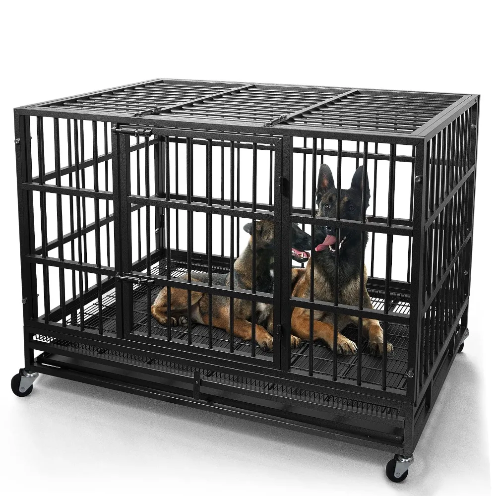 

Heavy Duty Dog Crate Cage Kennel with Wheels, High Anxiety Indestructible, Sturdy Locks Design, Double Door and Removable Tray