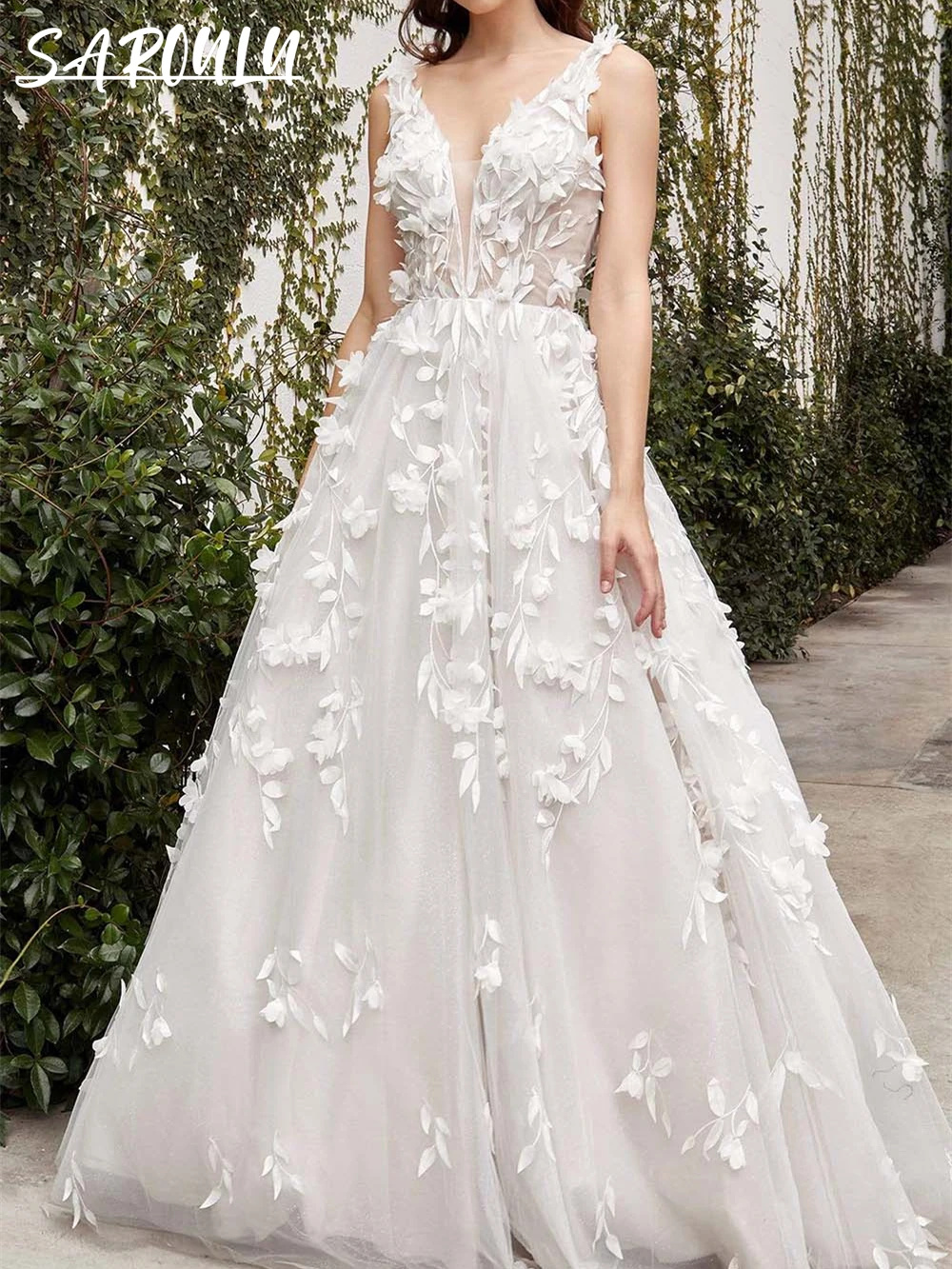 

Floral Appliques Wedding Dress For Women Deep V Neck Backless Bride Dresses Custom Made Bridal Gown Vestidos De Novia
