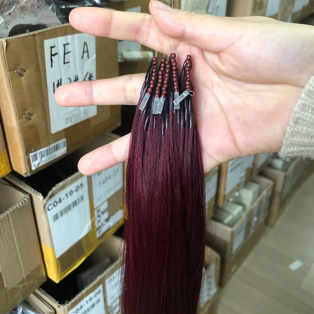 8D Micro Bead Human Hair Extensions Human Hair Natural Burgundy Invisible Silicone Nano Ring Extensions