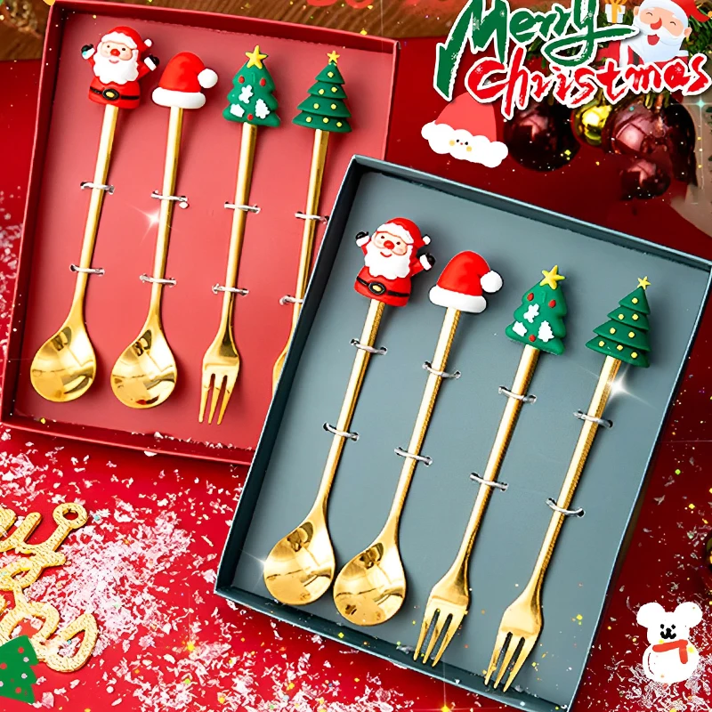 

New Christmas Spoon Fork Set Creative Santa Claus Xmas Tree Stainless Steel Dessert Coffee Spoons Tableware Party Decor Gifts