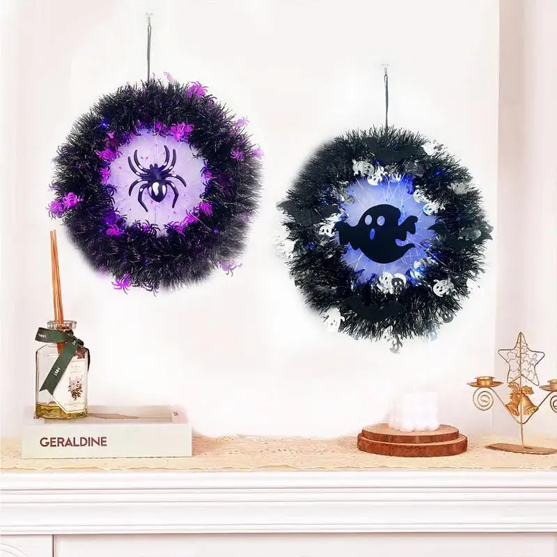 

Halloween Lighted Wreaths Decorative Hallowen Ghost Wreath With Purple Lights For Front Door Party Garland Front Door Home Decor