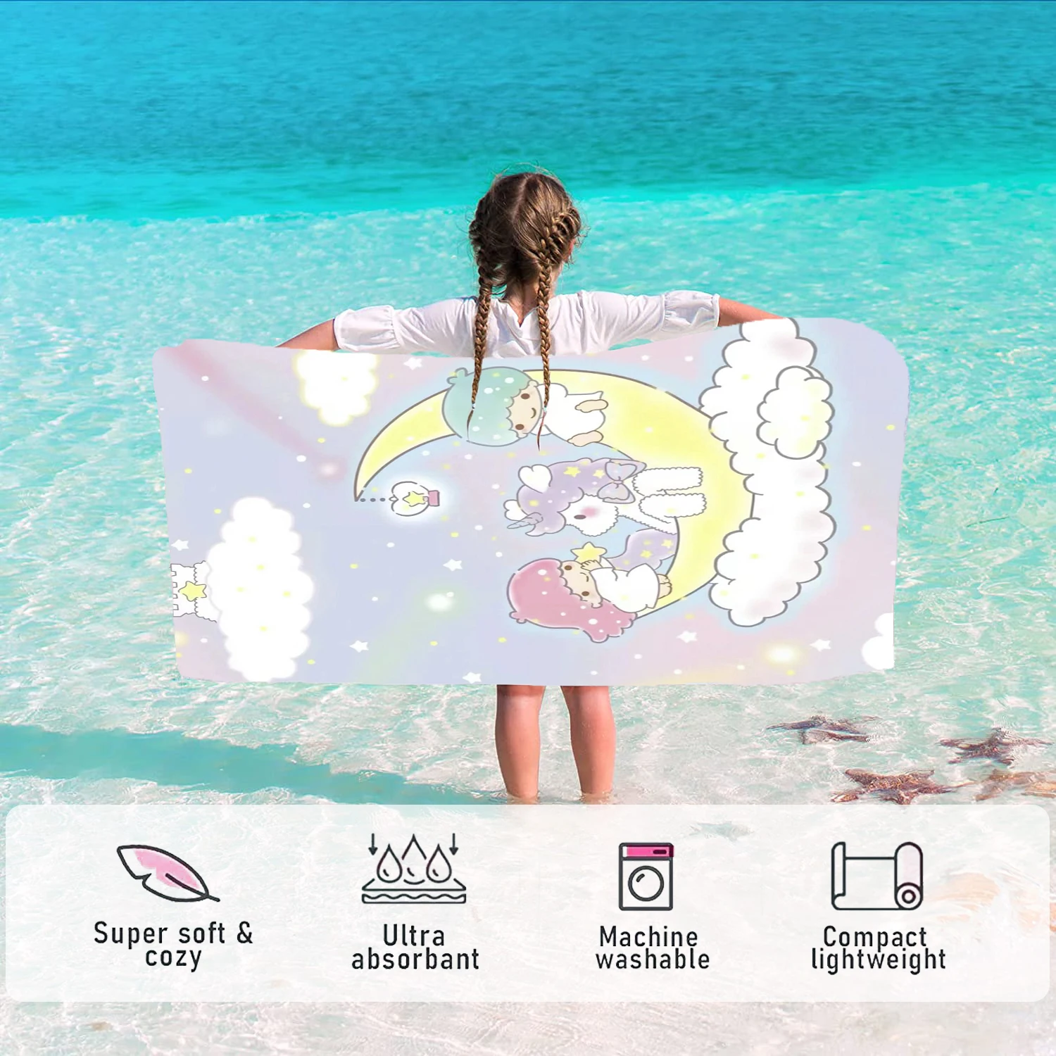 

Маленькое пляжное полотенце с двойными звездами Gemini Sanrio, милые Мультяшные мягкие полотенца для женщин, для душа, из микрофибры, для путешествий, пикника, бассейна