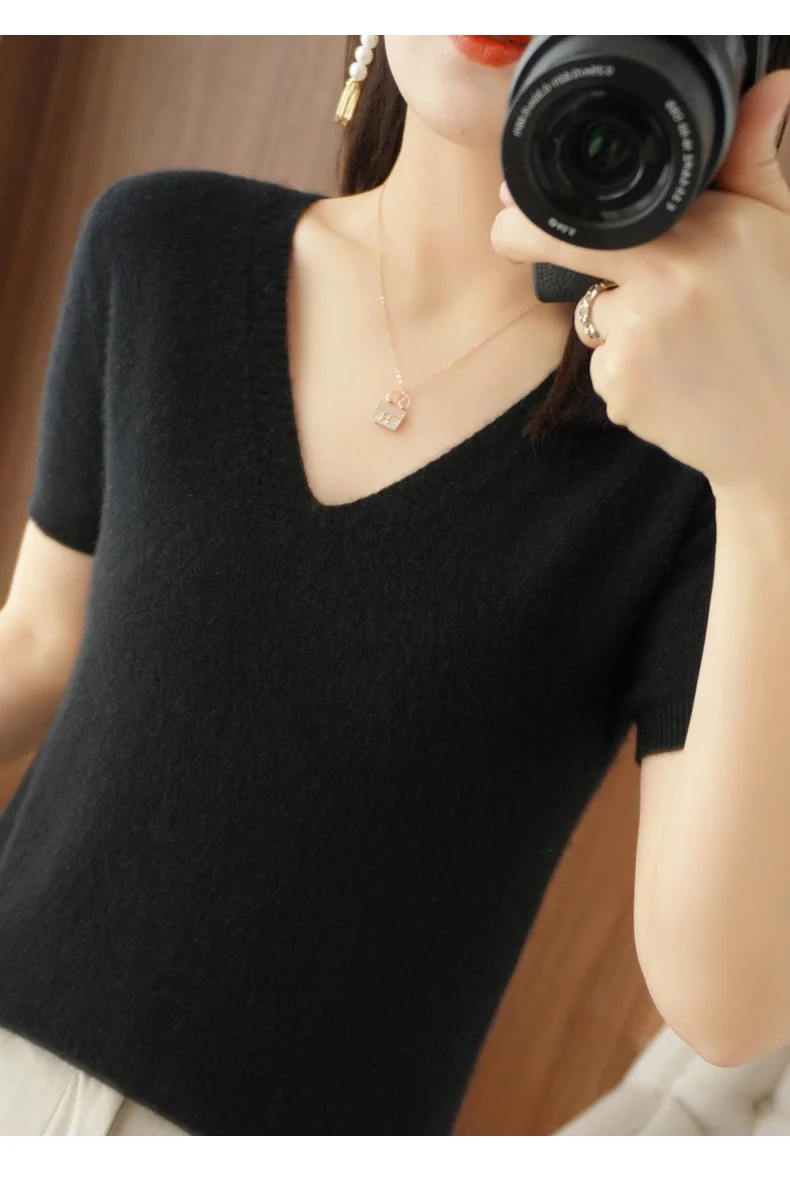 New Spring Summer Cashmere  Sweater Short sleeve V-Neck Pullover Casual Knitted Short sleeve Sweater cropped sweater