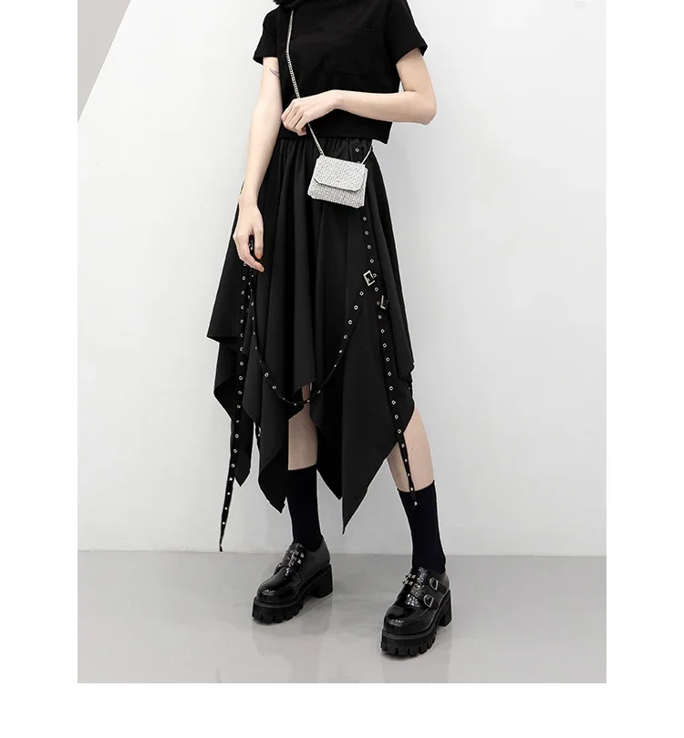 Gothic Irregular Skirts Women Harajuku Vintage Punk High Waist Cargo Midi Skirt Japanese Black Pleated Casual A Line Skirt