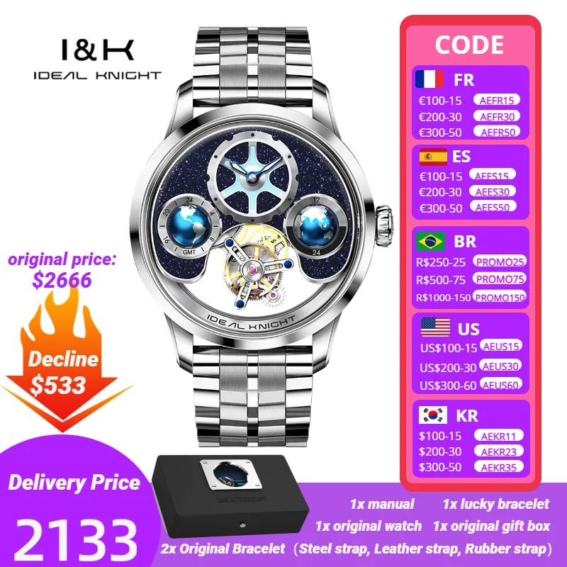 Ideal Knight Tourbillon Movement Watches for Men Two Location Time Display Skeleton Hollow Waterproof Men's Watch (Blue Earth) смеситель для ванны ideal standard ceramix blue b9490aa