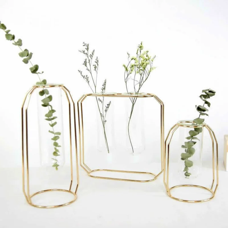 

Metal Flower Stand Test Tube Transparent Glass Vase Simple Modern Creative Home Floral Hydroponic Flower Arrangement Decorations