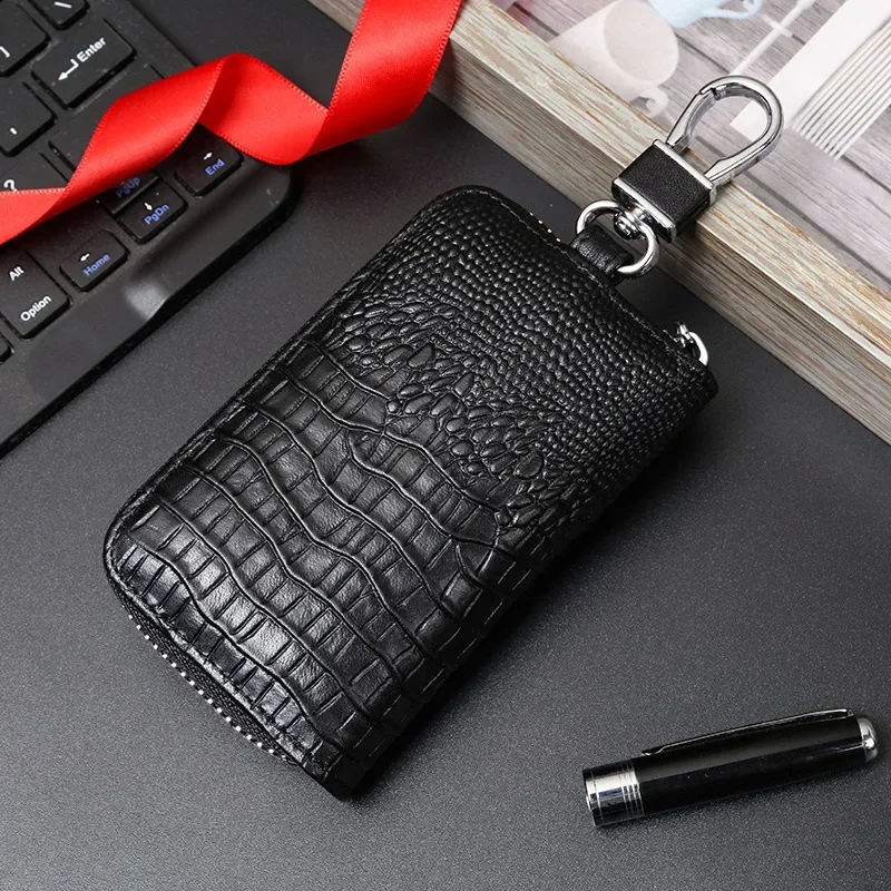 Key Case Holder Organizer Purse Protector Genuine Leather Car Zipper for Men Women