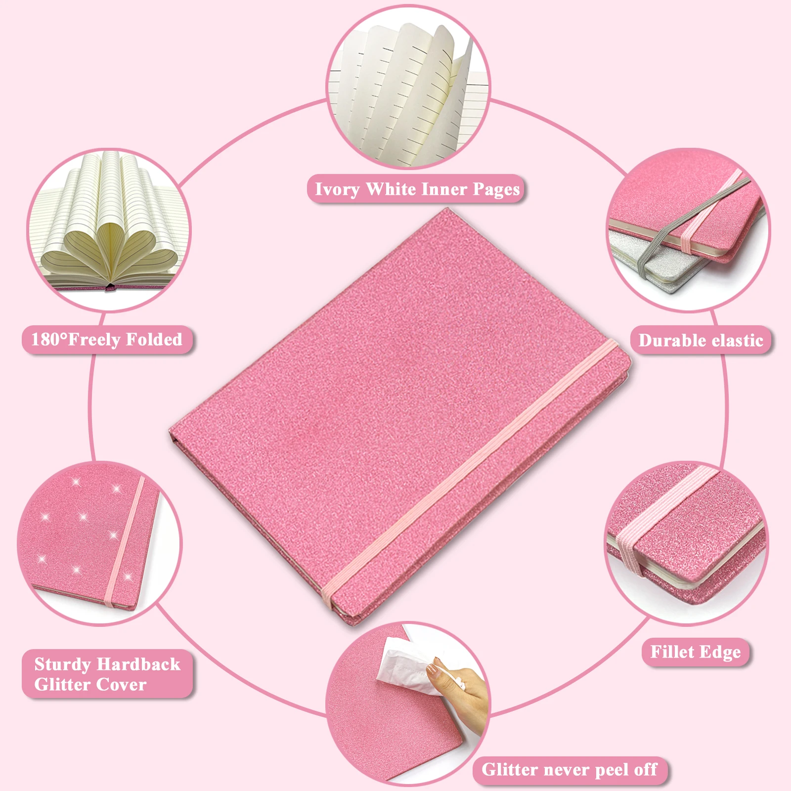 A5 Glitter Notebook, Hardcover 160 Pages Never Peel Off Sparkle Glitter Lined Journal for Women Girls Writing Note Taking Works 4