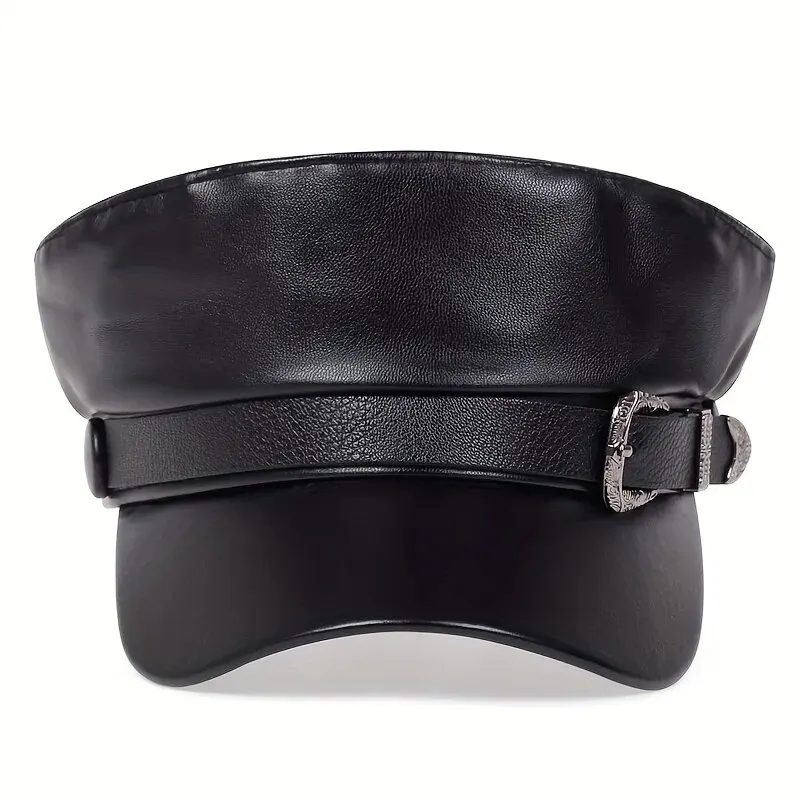 Fashion Women Large Belt Buckle Leather Hat Spring Autumn Sailor Hats Black Ladies Beret Caps Men Flat Top Captain Military Caps Sports & Entertainment