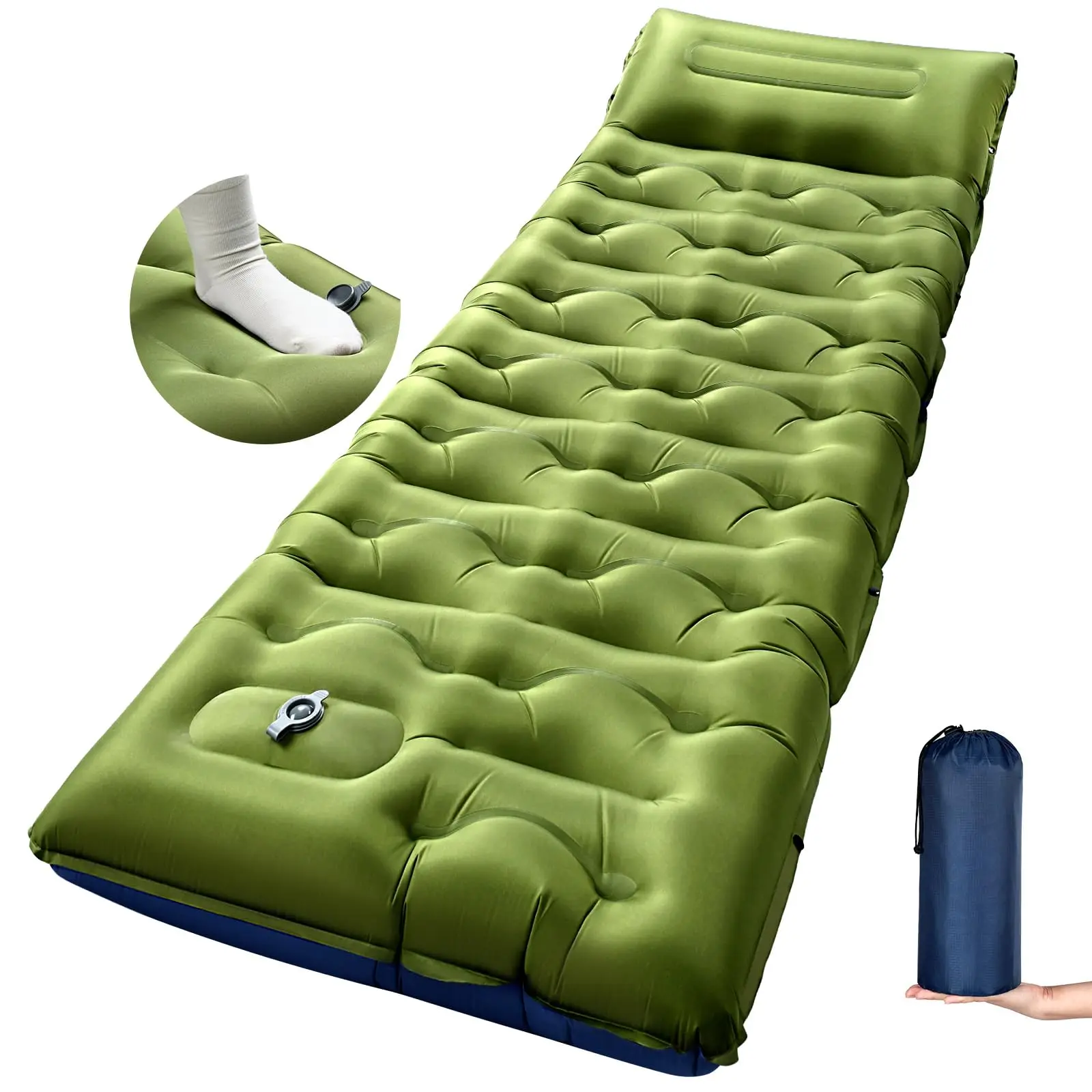 مرتبة قابلة للنفخ للتخييم في الهواء الطلق، وسادة نوم قابلة للنفخ مع وسادة مدمجة مضخة هوائية للسفر والمشي لمسافات طويلة والتسلق