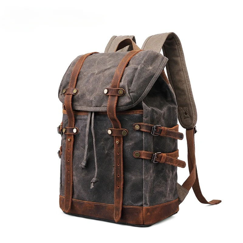New Wax Canvas Bag with Genuine Leather Travel Outdoor Backpack Horseskin Men's Bag 2