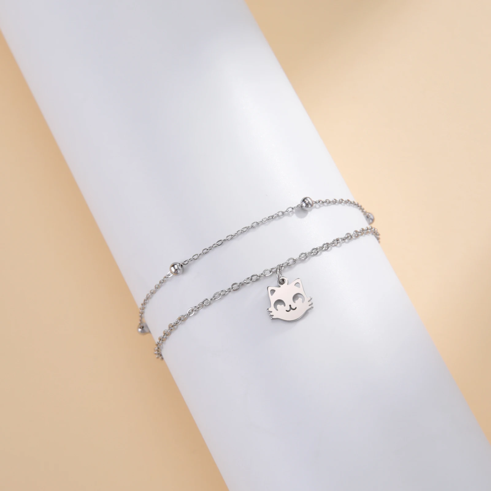 Cute Cat Kitten Head Bracelet for Women Stainless Steel Animal Double Chain Bracelet on Hand Jewelry - PeticaDeals
