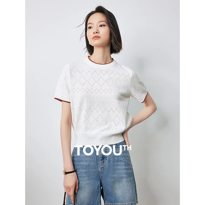 

Женский трикотажный свитер с вырезами, коротким рукавом и круглым вырезом