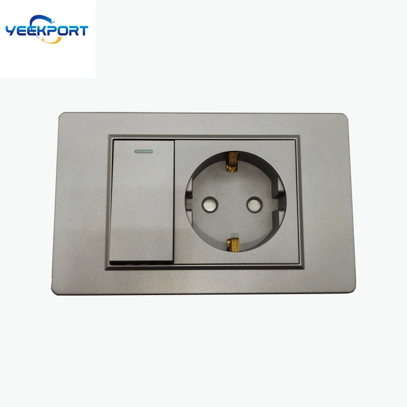 Description Picture 2 of item118mm EU Household German Standard Grey PC flame retardant panel 16A 2-hole Power Plug Wall Socket with Switch Combination