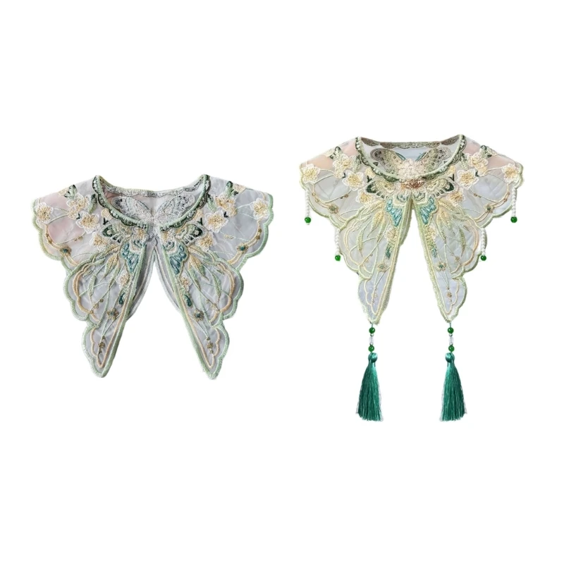 

Chinese Embroidered Butterfly Flower Yunjian Shawl Scarf Vintage Pearl Beaded Tassels False Collar Dresses Capelet