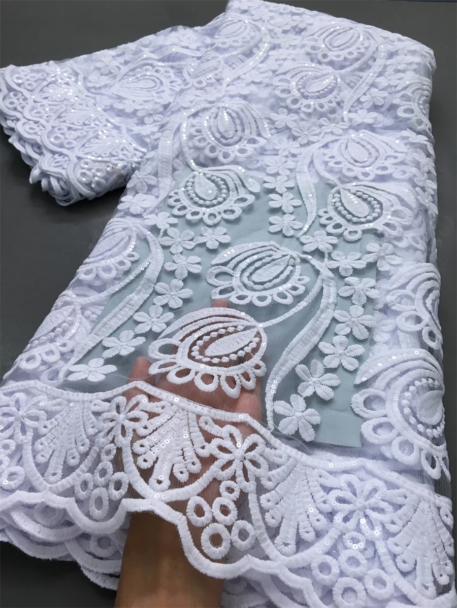 Lace Fabric African Guipure Cord Nigerian Water Soluble Sequins Embroidered 2.5yards