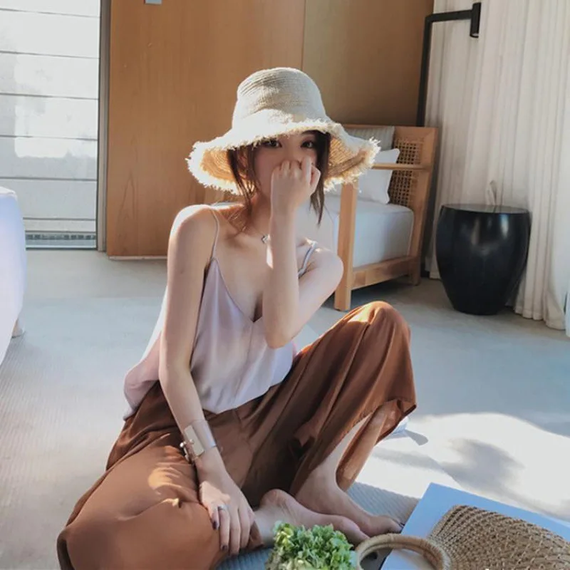Fashion Women Panama Hats for Women Wide Large Brim Beach Sun Hats with Fashion Solid Visor Hat Straw Cap Female Bucket Hat
