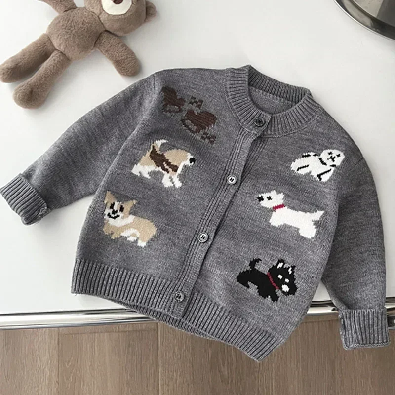 Children's Round Neck Sweaters Autumn New Dog Pattern Baby Clothings Japanese and Korean Grey Knitted Sweaters Cute Top Cardigan