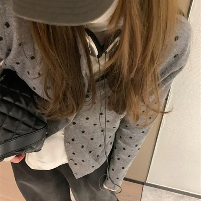 Polka dot knitted cardigan ins women's spring and autumn new style layered design sense versatile slimming long sleeved top 4