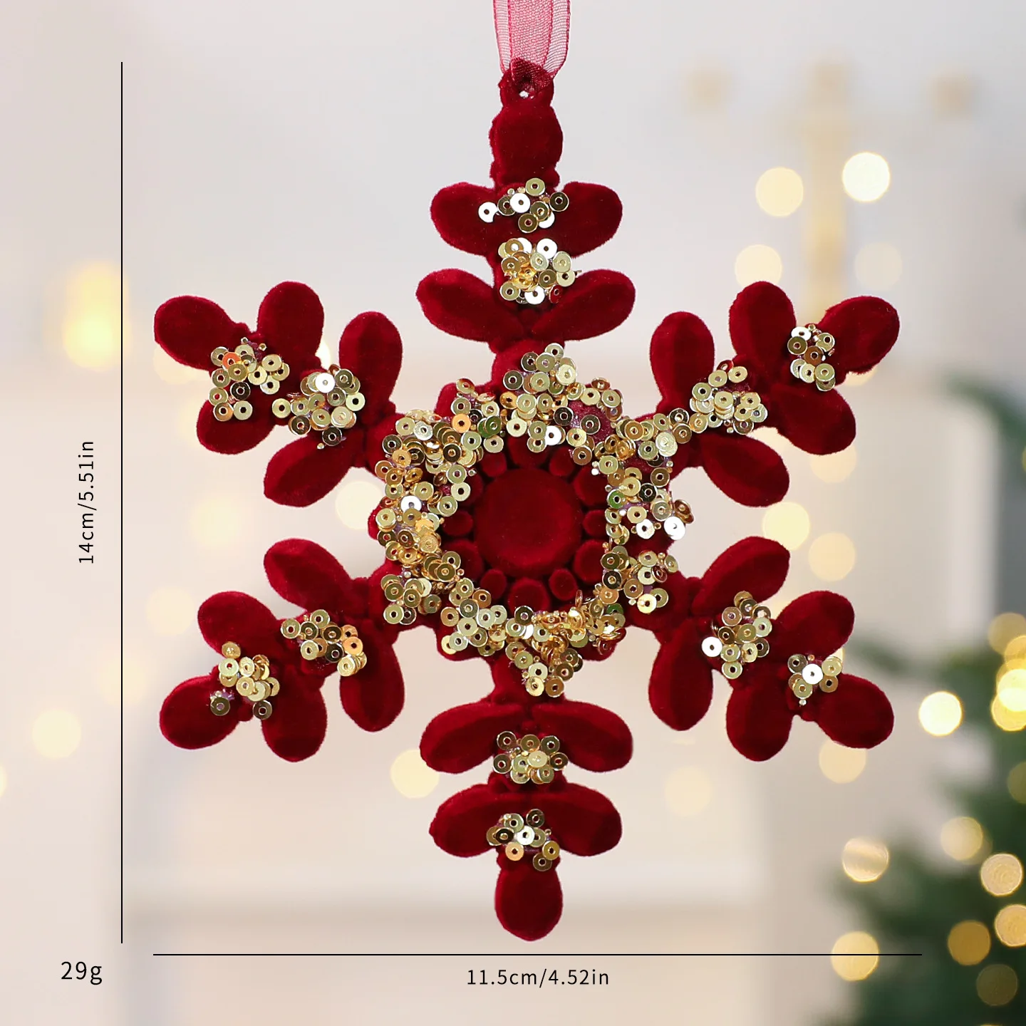 Wine Red Plush Christmas Tree Pendant Gold Sequin Glitter Bow Snowflake Elk Hanging Ornaments Flocking Christmas Pendant