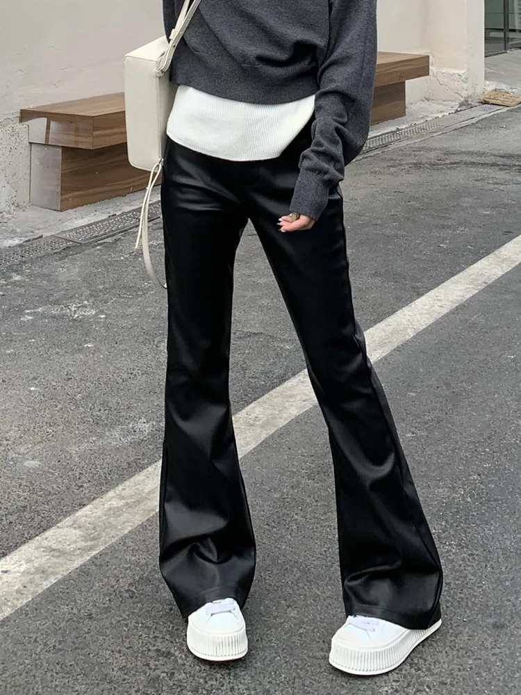 Women's Brown Pu Leather Flared Pants, Streetwear, High Waisted, Vintage, Slim Trousers, Ladies Fashion, Fall Clothes, Y2k,