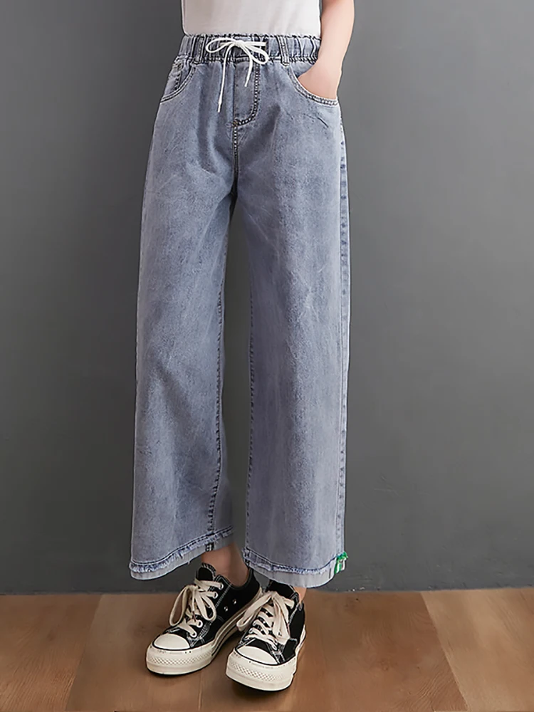 

Summer Fashion Women Wide Leg Jeans Solid Color Elastic Waist Korean Style Loose Casual Denim Pants Female Leisure Thin Trousers
