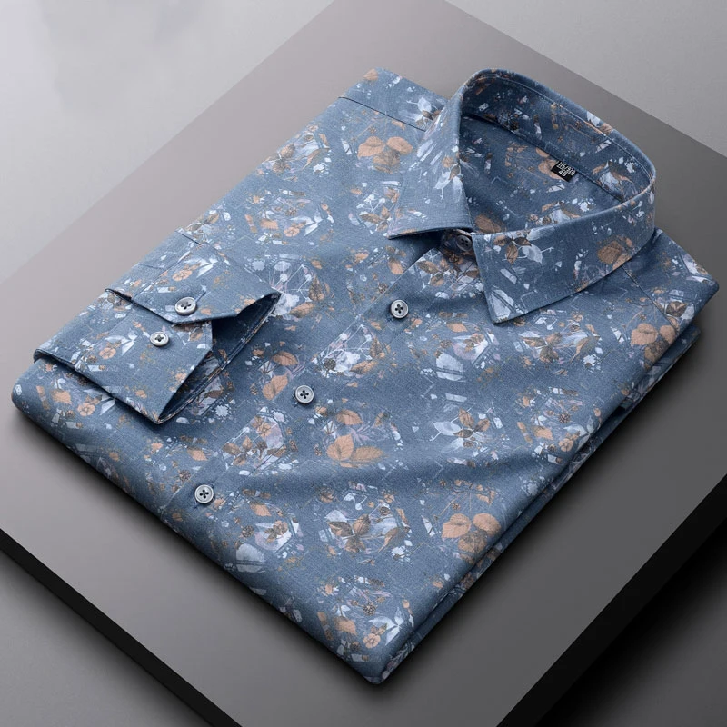 New in shirt long-sleeve shirts for men Casual Print slim fit plain shirt elastic tends retro tops elegants designer clothes