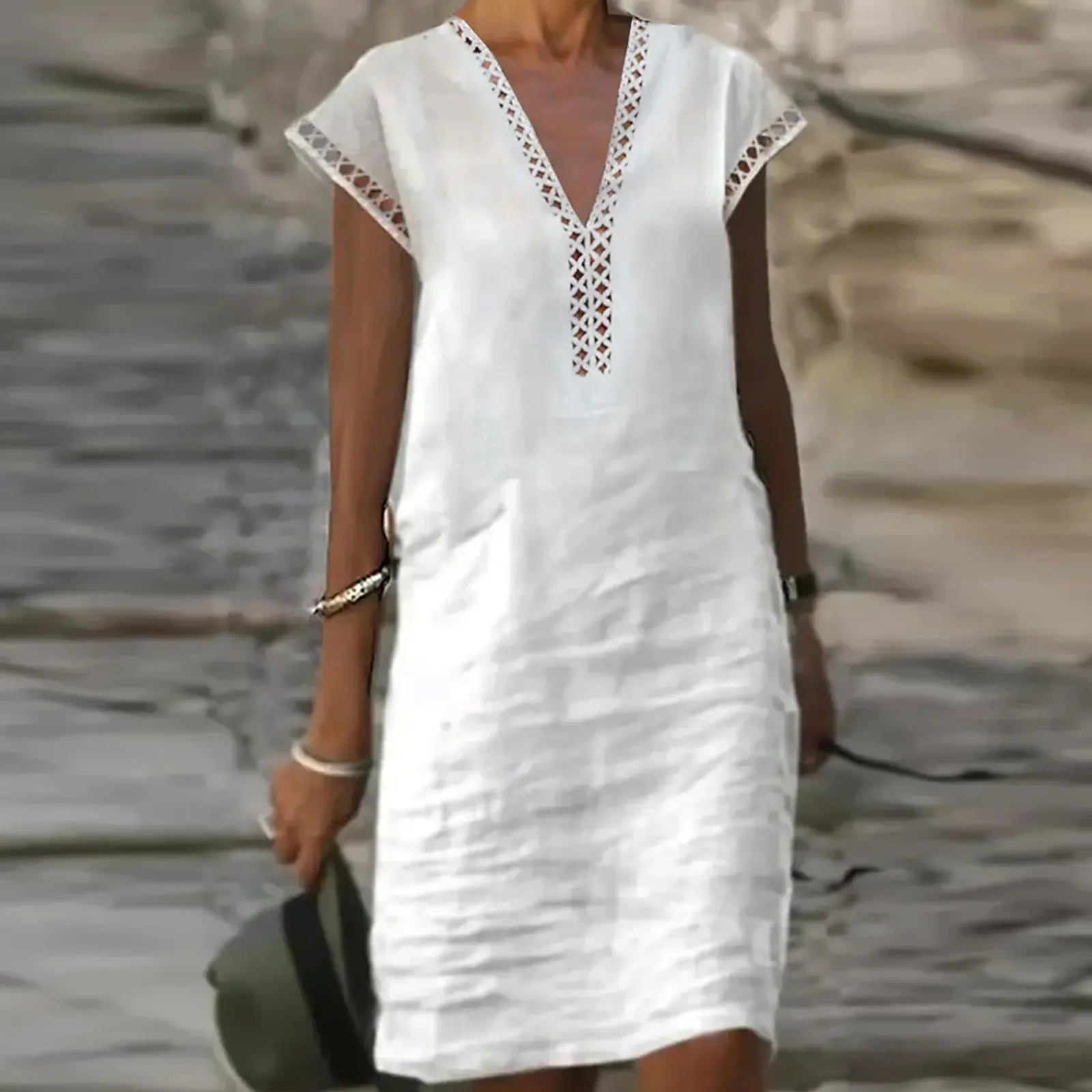 

Women Summer Cotton Linen Dress Short Sleeve Lace V Neck Casual Dress Dress Boho Beach Loose Elegant Swing Dress with Buttons