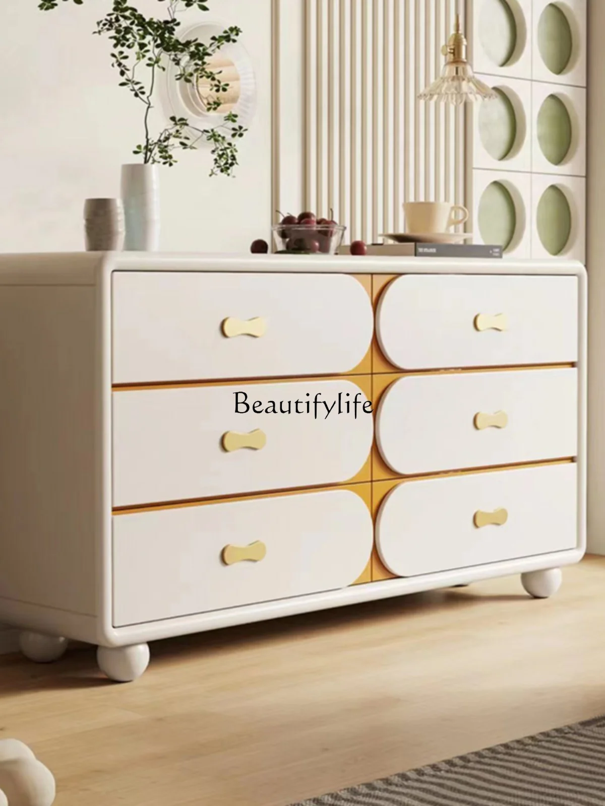 

Nordic Style Solid Wood Chest of Drawers Hallway Partition Cream Color Bedroom Storage Cabinet