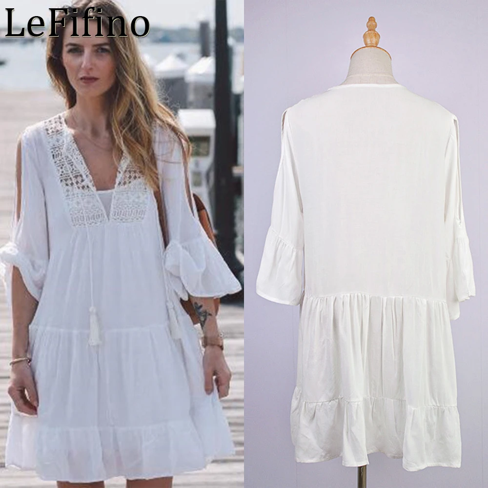 

Summer Fashion Solid Hollow Crochet Flower Off Shoulder V-neck Sexy Short Skirt Beach Vacation Outwear Bikini Cover Up For Women