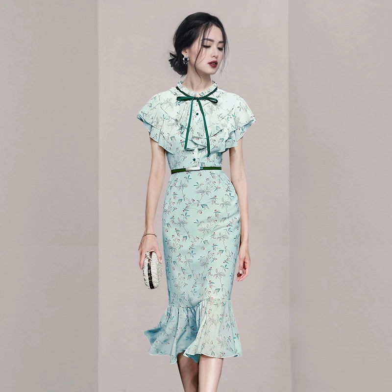 

2023 New With Belt Summer Floral Women French Style Chiffon Mermaid Dress Female Sexy Elegant Beach Boho Party Dresses