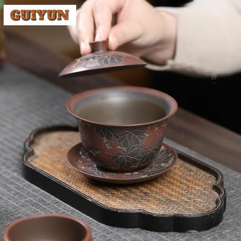 150ml Authentic Qinzhou Nixing Pottery Gaiwan Master Handmade Carved Gourd Tea Tureen Tea Maker Cover Bowl Teaware Collection