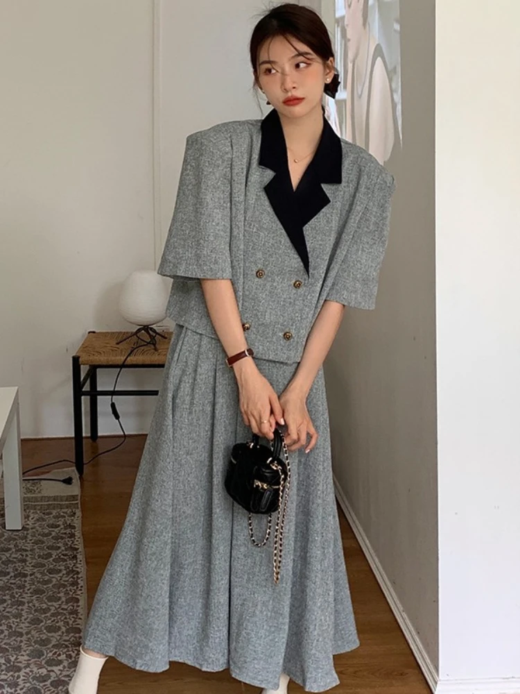 

Korean Ins Summer French Retro Temperament Suit Collar Short-sleeved Shirt + Long High Waist Slim Skirt Suit