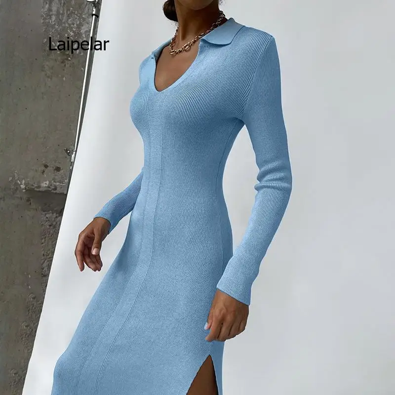 

Женское трикотажное платье с V-образным вырезом и длинным рукавом