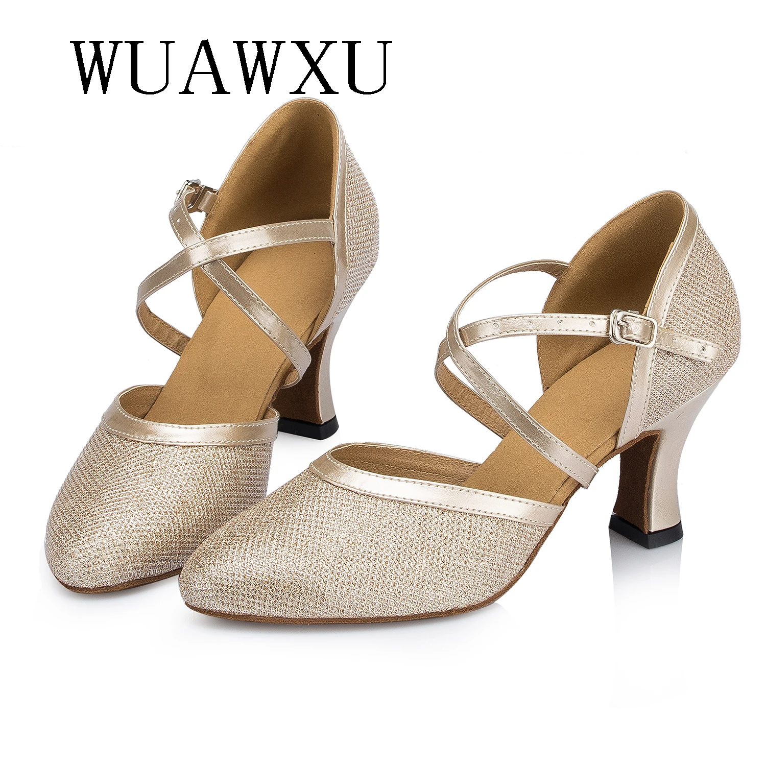 NATASHA Latin Dance Shoes Female Adult Medium High Heels Champagne 7cm Dance Shoes Modern Social Dance Shoes Flash Gold Cha Perf