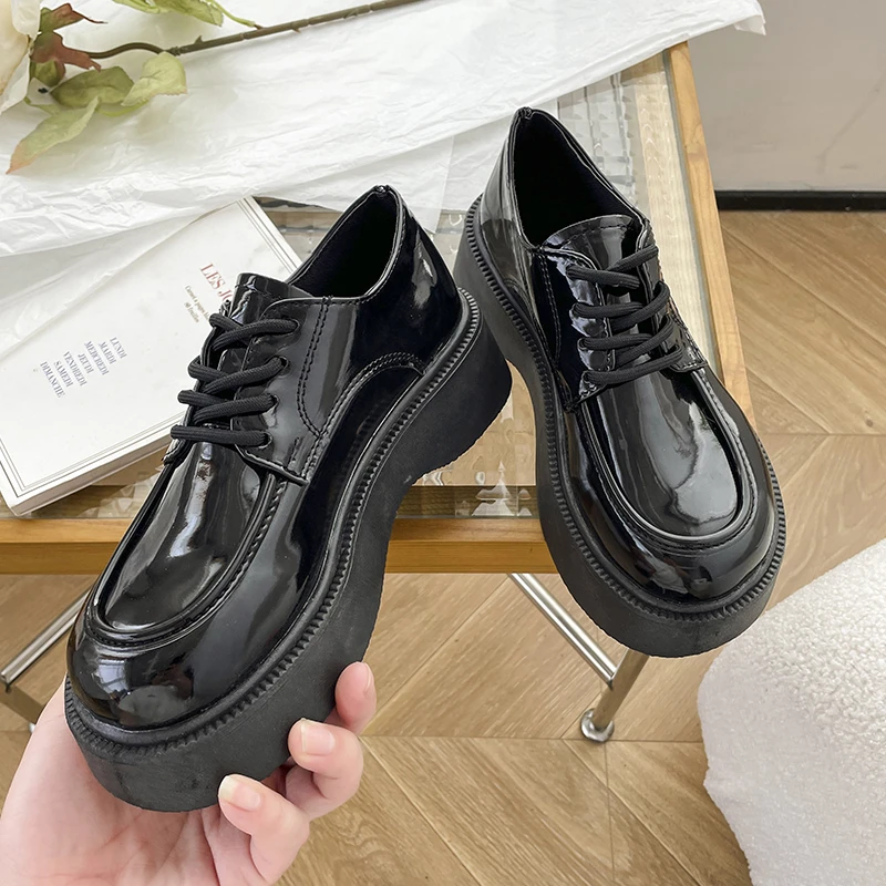 2022 Spring Autumn Women Oxford Shoes Flat on Platform Casual Shoes Black Lace Up Leather Shoes Sewing Round Toe Zapatos Mujer