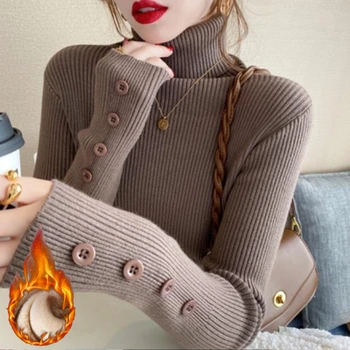 سترات نسائية للخريف والشتاء الدافئة ذات الياقة المدورة بأزرار صلبة 2025 بلوفرات كورية متعددة الاستخدامات أساسيات سحب نسائي غير رسمي