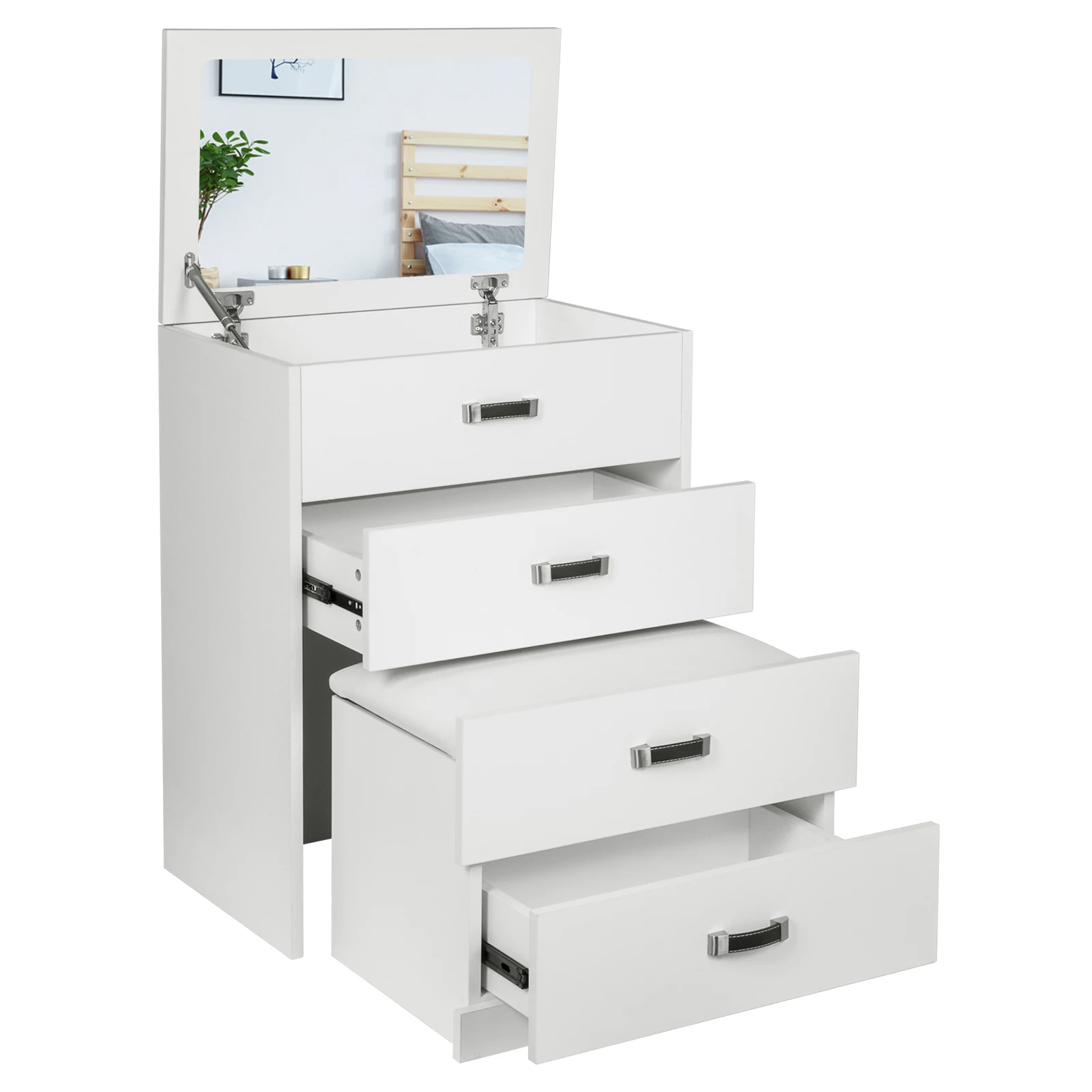 1set Tocador blanco con taburete Espejo de maquillaje Vanidad plegable Mesa  de alto brillo Dormitorio Conjunto de tocador cosmético