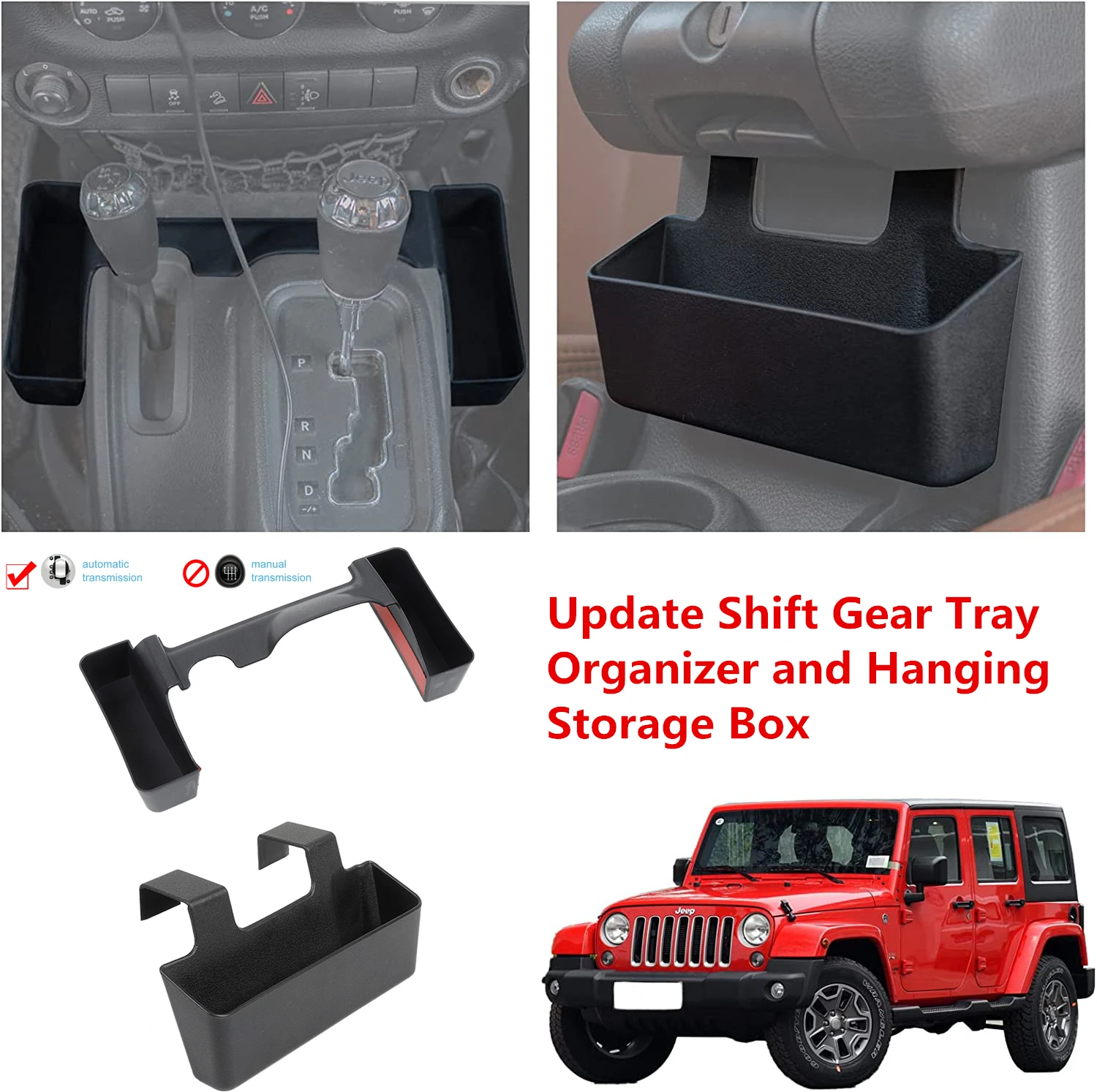 

2PC Armrest Storage Box + Gear Shift Side Organizer for Jeep Wrangler JK 2011-2018 Interior Tray Accessories Stowing Tidying