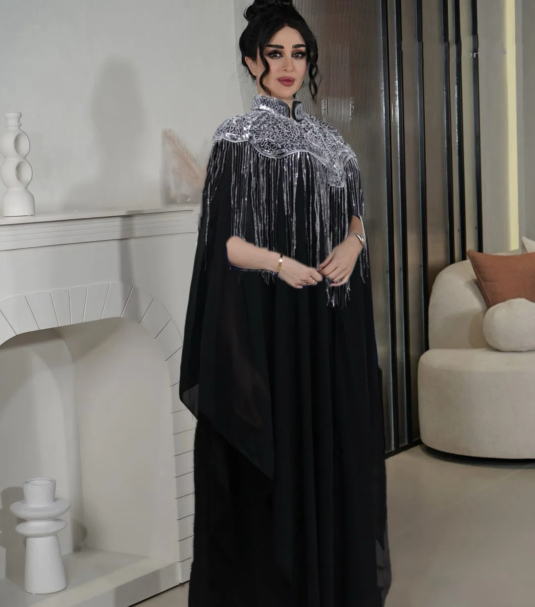 

2024 new designs two pieces women summer fashion abaya dress inner outfit solid black sequined tassel party gown dress